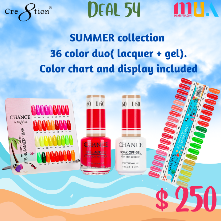 Deal 54 Chance by Creation: SUMMER collection 36 color duo( lacquer + gel). Color chart and display included