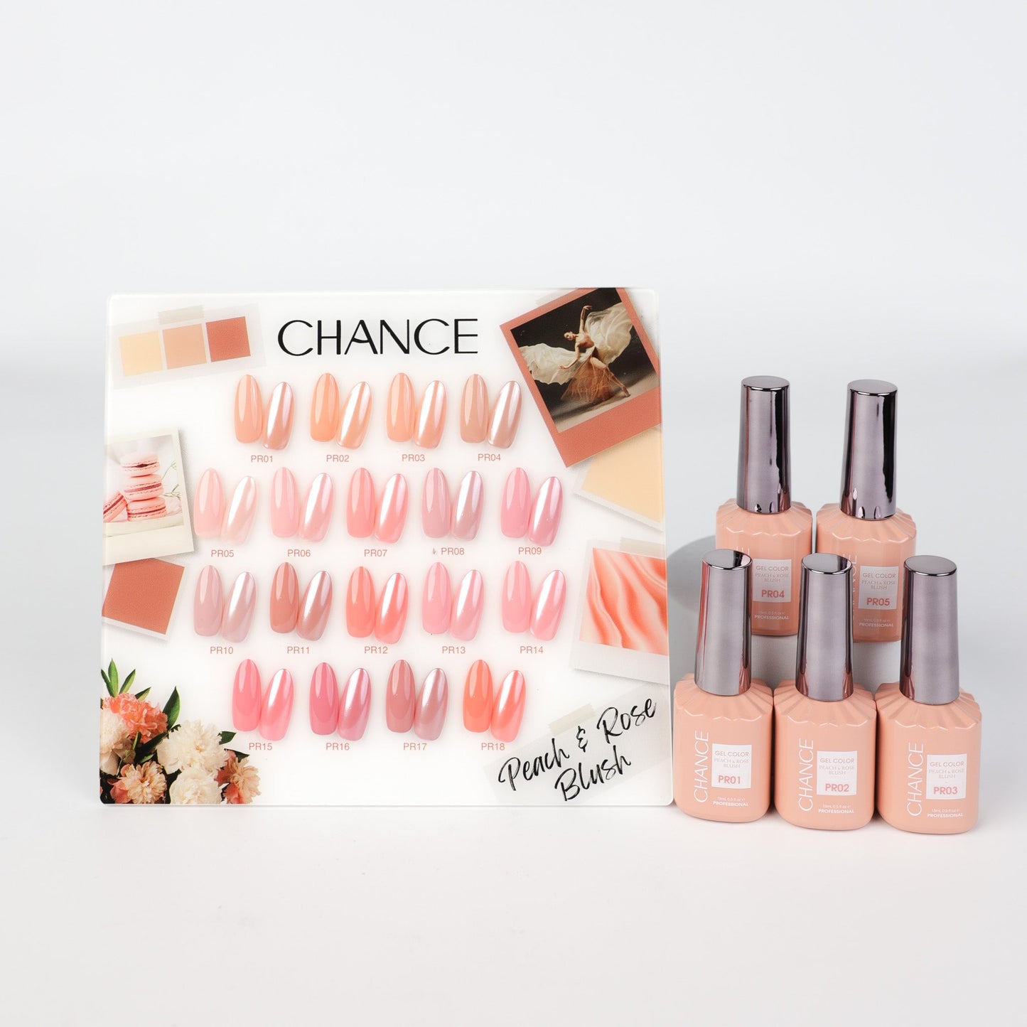 Chance Peach & Rose Blush Collection 0.5oz - 18 Colors w/ 1 Counter Display, 3 Chance No Wipe Top Coat 0.5oz & 1 Cre8tion Crystal Chrome Nail Art