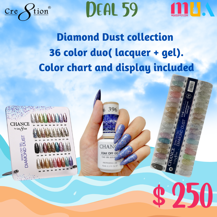 Deal 59 Chance by Creation: Diamond Dust collection 36 color duo( lacquer + gel). Color chart and display included
