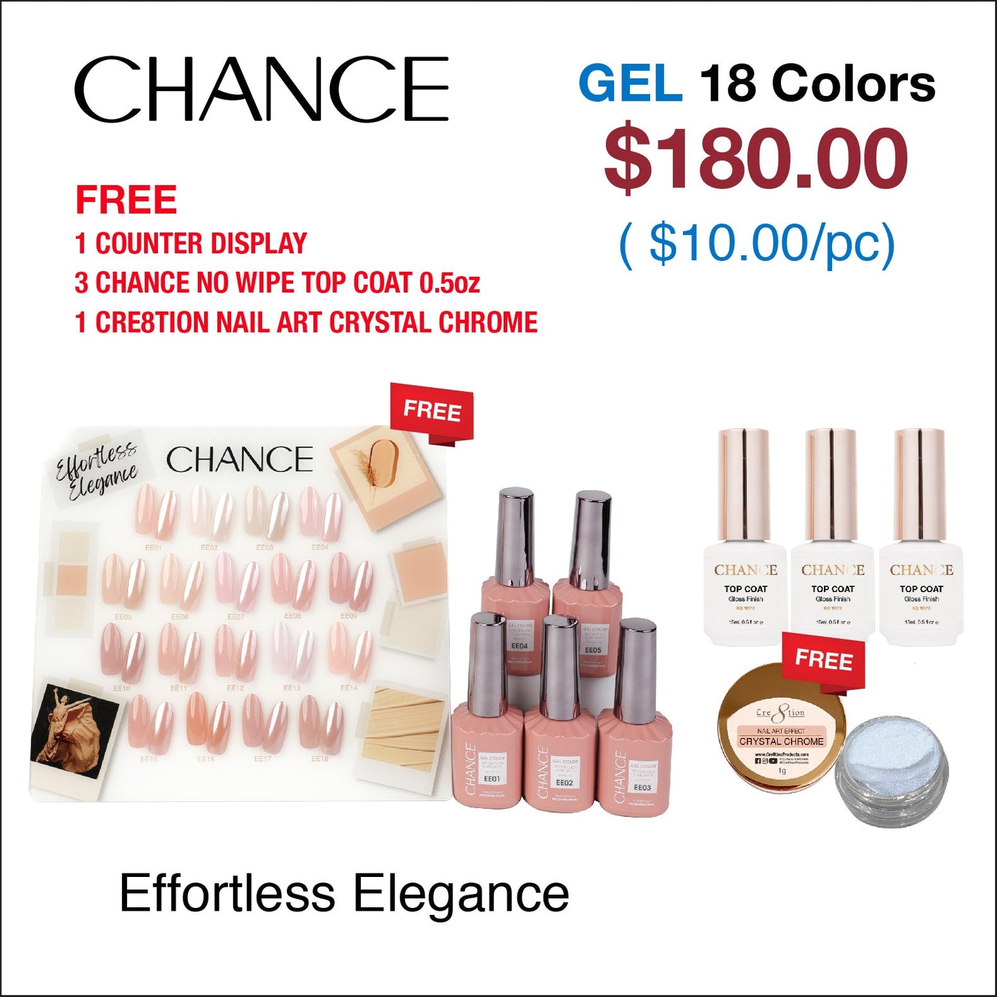 Chance Effortless Elegance Collection 0.5oz - 18 Colors w/ 1 Counter Display, 3 Chance No Wipe Top Coat 0.5oz & 1 Cre8tion Crystal Chrome Nail Art