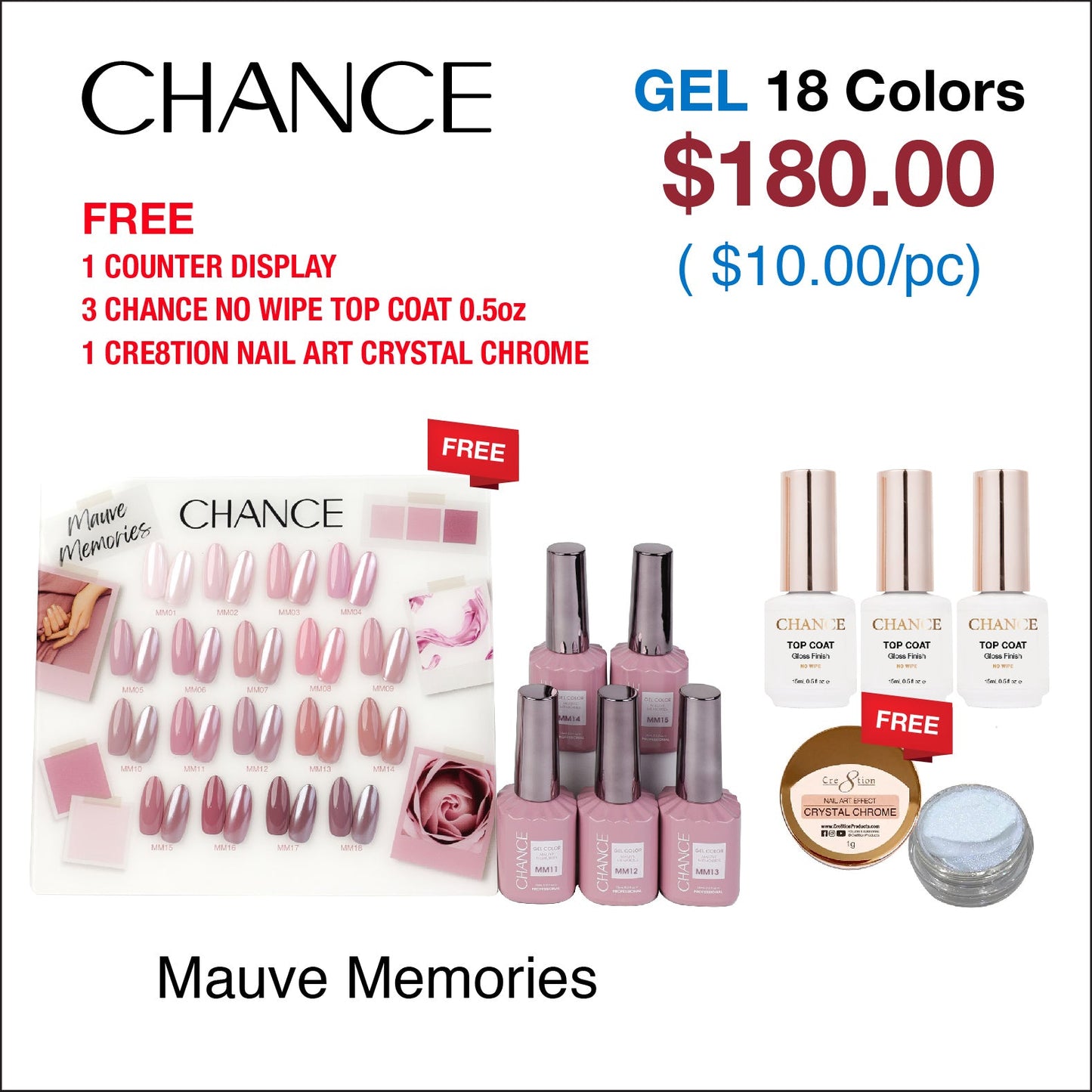 Chance Mauve Memories Collection 0.5oz - 18 Colors w/ 1 Counter Display, 3 Chance No Wipe Top Coat 0.5oz & 1 Cre8tion Crystal Chrome Nail Art