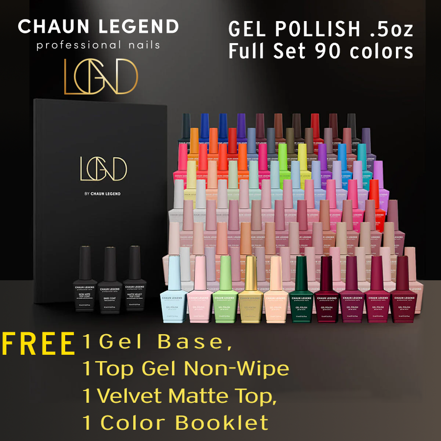 LGND Gel Polish .5oz Full Set 90 colors, Free 1 Base Gel/1 Top Gel Non-Wipe/1 Velvet Matte Top Coat, 1 Booklet