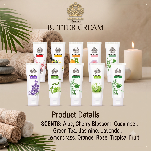 A promotional product display for Butter Cream by The Happy Farm Organics, showing multiple white squeeze tubes of different scents arranged on a beige spa-style surface with towels, candles, and greenery. The image includes a product details text section listing the scents: Aloe, Cherry Blossom, Cucumber, Green Tea, Jasmine, Lavender, Lemongrass, Orange, Rose, and Tropical Fruit.