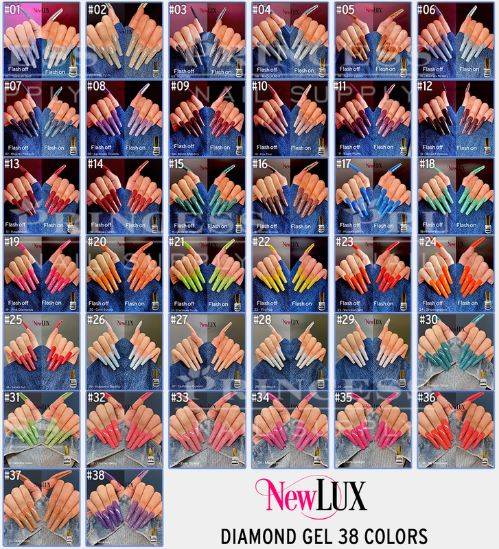 aNewLUX Diamond Gel .5oz #01 - #38 = 38 colors x $7. Free 1 Sample Tip