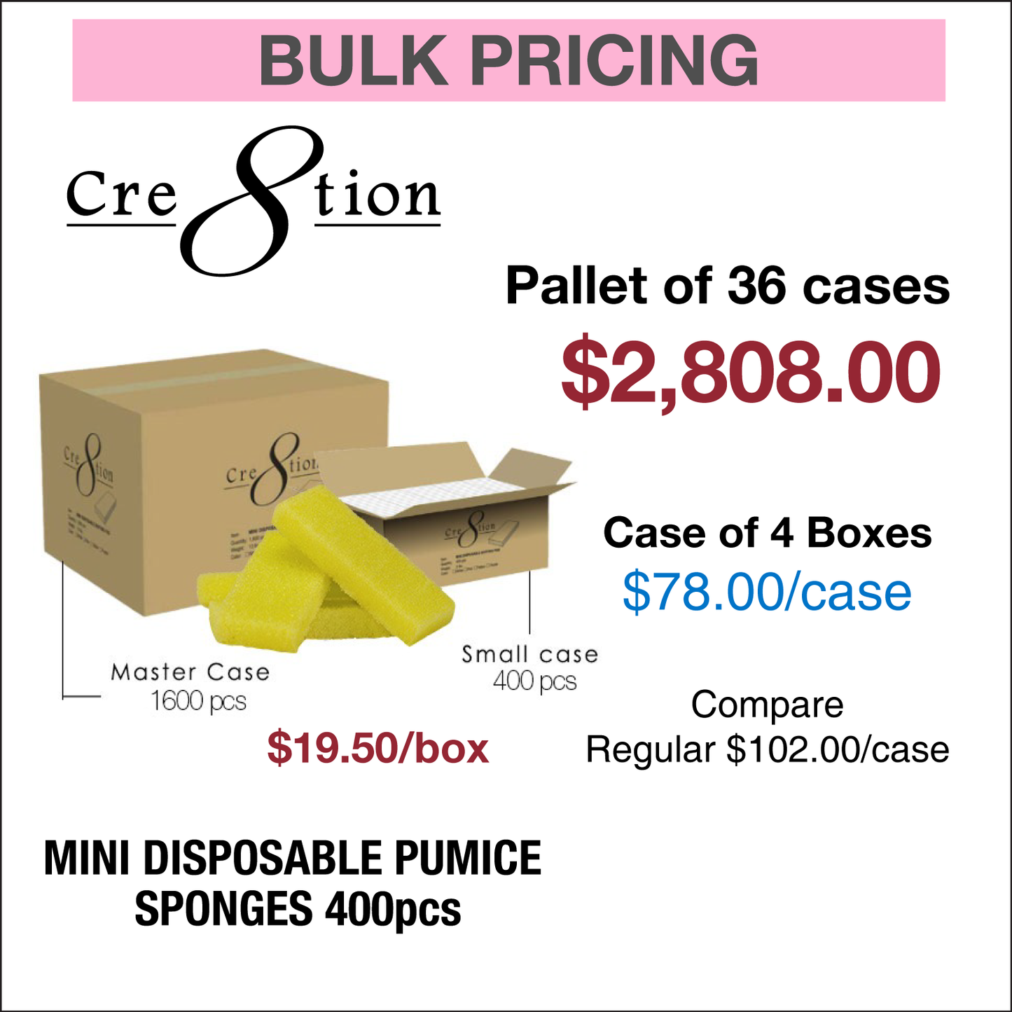 Creation Mini Disposable Pumice Sponges 400 pcs - Pallet of 36 cases Yellow