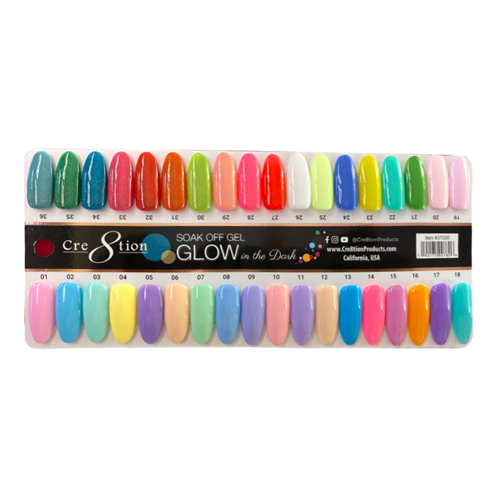 Creation Glow in the Dark Gel 0.5oz - Full Set 36 colors w/ 3 Top Glow in the Dark 0.5oz & 1 Color Chart