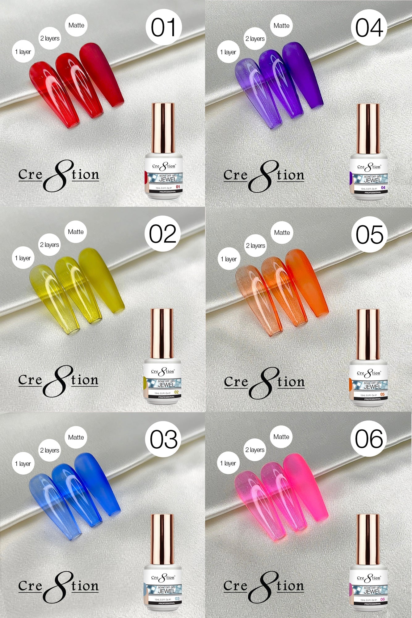 Creation Jewel Collection Gel 0.5oz - Full Set 42 colors w/ 3 Top Diamond 0.5oz & 1 Color Chart