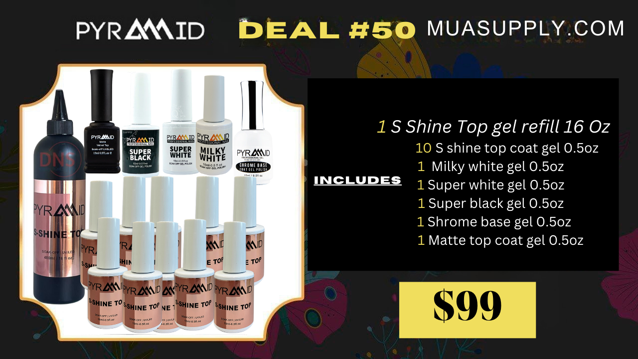 Deal 50 by Pyramid:  1 S Shine Top Gel Refill (16 Oz) + 10 S Shine Top Coat Gel (0.5 Oz) + Milky White, Super White, Super Black, Shrome Base, & Matte Top Coat Gels (0.5 Oz Each) FREE SHIPPING