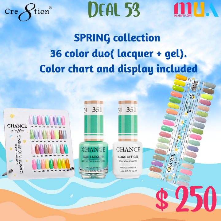 Deal 53 Chance by Creation: SPRING collection  36 color duo( lacquer + gel). Color chart and display included