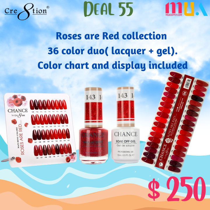 Deal 55 Chance by Creation: Roses are Red collection  36 color duo( lacquer + gel). Color chart and display included
