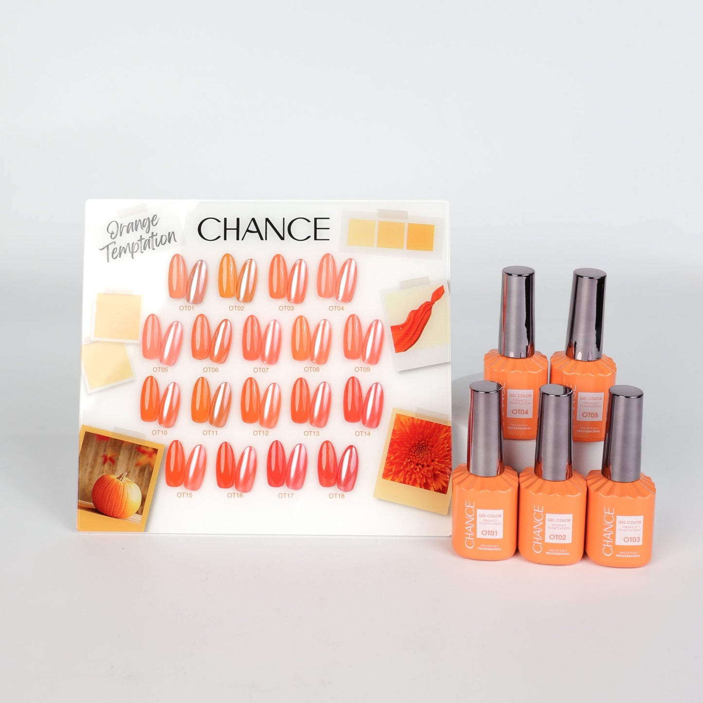Chance Orange Temptation Collection 0.5oz - 18 Colors w/ 1 Counter Display, 3 Chance No Wipe Top Coat 0.5oz & 1 Cre8tion Crystal Chrome Nail Art