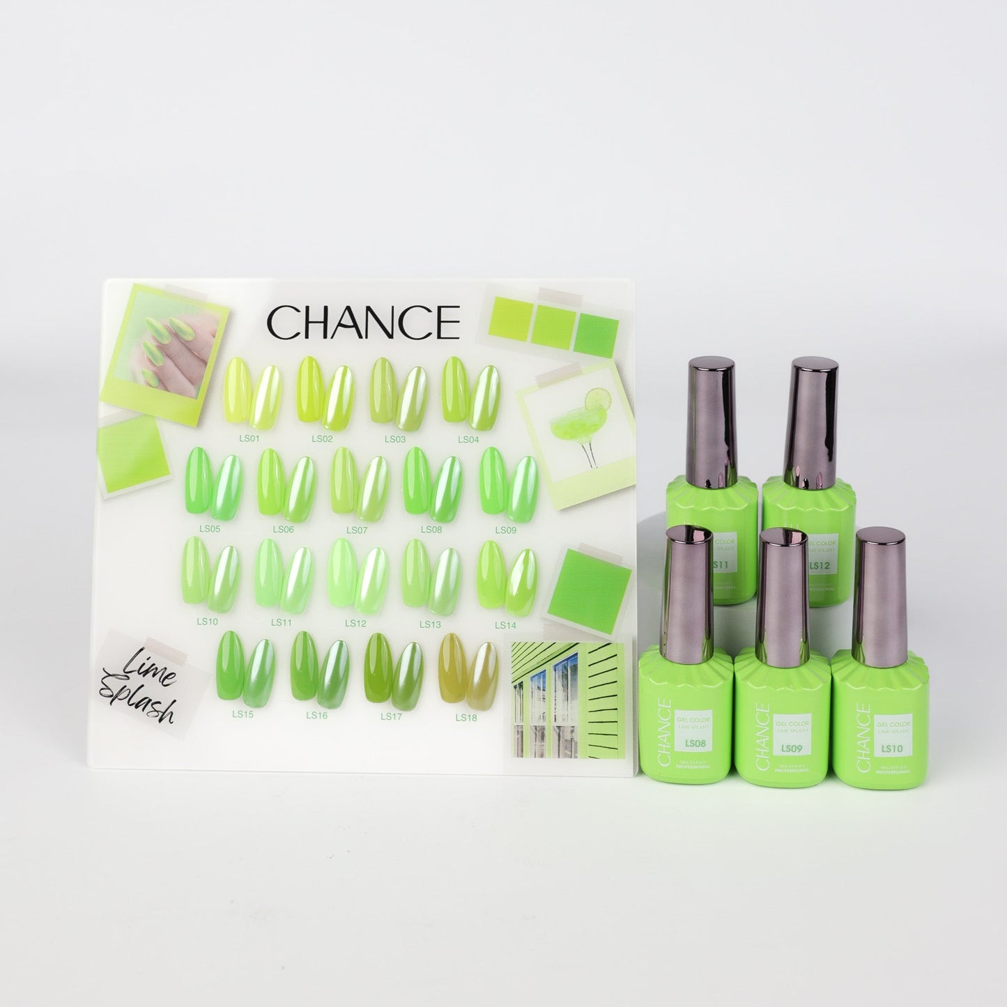 Chance Lime Splash Collection 0.5oz - 18 Colors w/ 1 Counter Display, 3 Chance No Wipe Top Coat 0.5oz & 1 Cre8tion Crystal Chrome Nail Art