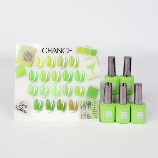 Chance Lime Splash Collection 0.5oz - 18 Colors w/ 1 Counter Display, 3 Chance No Wipe Top Coat 0.5oz & 1 Cre8tion Crystal Chrome Nail Art