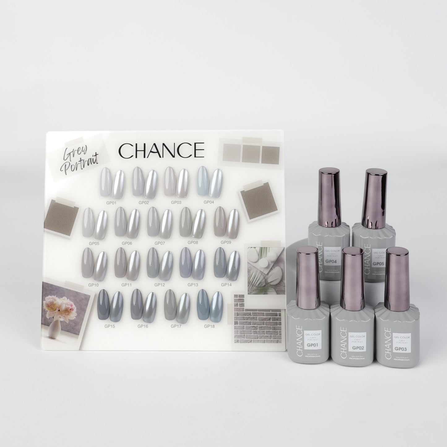 Chance Grey Portrait Collection 0.5oz - 18 Colors w/ 1 Counter Display, 3 Chance No Wipe Top Coat 0.5oz & 1 Cre8tion Crystal Chrome Nail Art