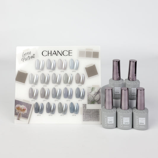 Chance Grey Portrait Collection 0.5oz - 18 Colors w/ 1 Counter Display, 3 Chance No Wipe Top Coat 0.5oz & 1 Cre8tion Crystal Chrome Nail Art