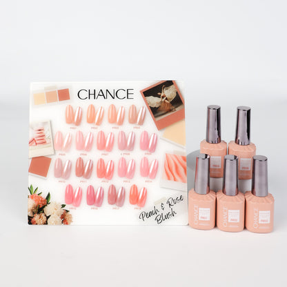 Chance Peach & Rose Blush Collection 0.5oz - 18 Colors w/ 1 Counter Display, 3 Chance No Wipe Top Coat 0.5oz & 1 Cre8tion Crystal Chrome Nail Art