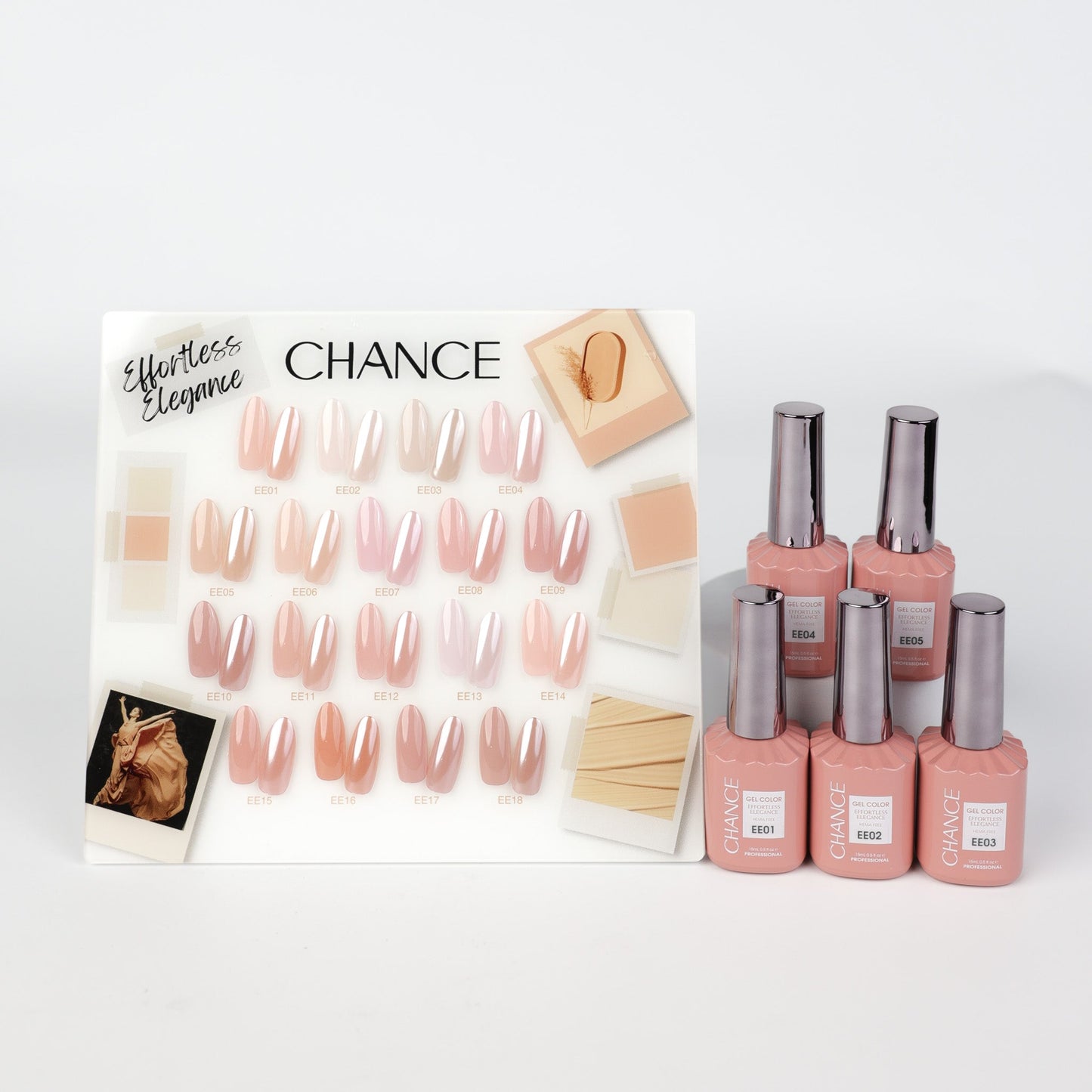 Chance Effortless Elegance Collection 0.5oz - 18 Colors w/ 1 Counter Display, 3 Chance No Wipe Top Coat 0.5oz & 1 Cre8tion Crystal Chrome Nail Art