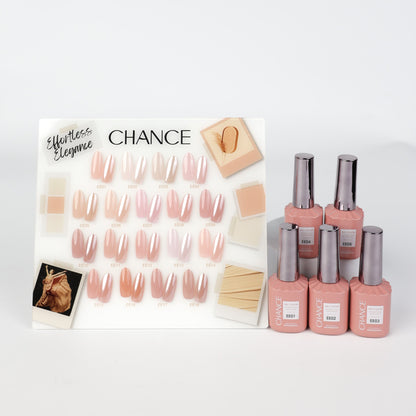 Chance Effortless Elegance Collection 0.5oz - 18 Colors w/ 1 Counter Display, 3 Chance No Wipe Top Coat 0.5oz & 1 Cre8tion Crystal Chrome Nail Art