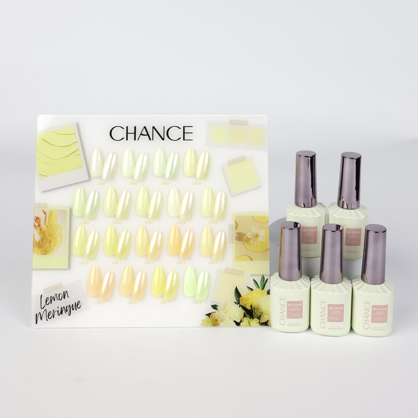 Chance Lemon Meringue Collection 0.5oz - 18 Colors w/ 1 Counter Display, 3 Chance No Wipe Top Coat 0.5oz & 1 Cre8tion Crystal Chrome Nail Art