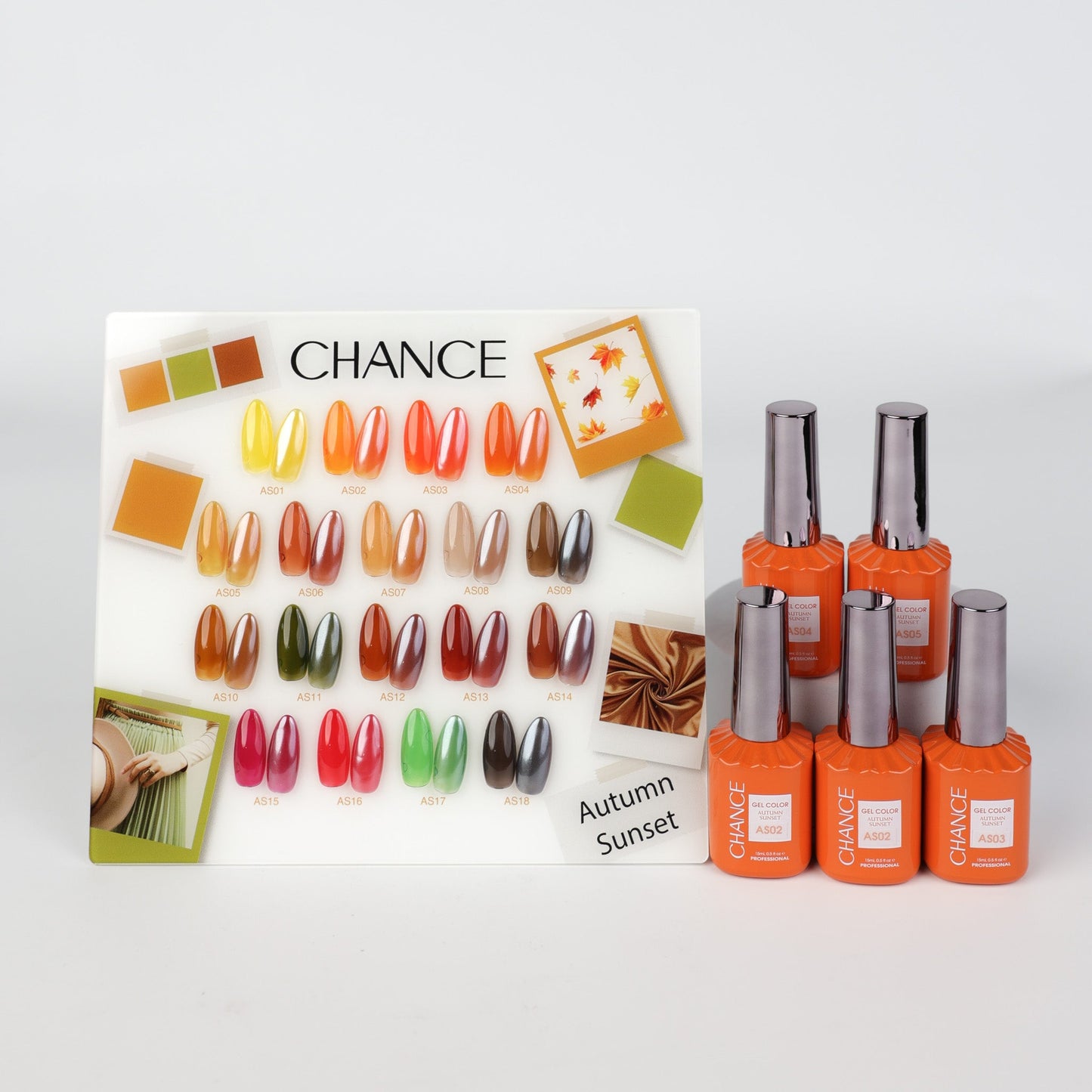 Chance Autumn Sunset Collection 0.5oz - 18 Colors w/ 1 Counter Display, 3 Chance No Wipe Top Coat 0.5oz & 1 Cre8tion Crystal Chrome Nail Art