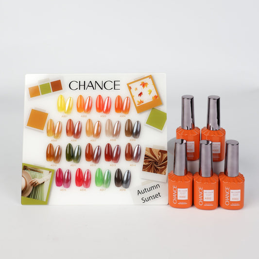 Chance Autumn Sunset Collection 0.5oz - 18 Colors w/ 1 Counter Display, 3 Chance No Wipe Top Coat 0.5oz & 1 Cre8tion Crystal Chrome Nail Art