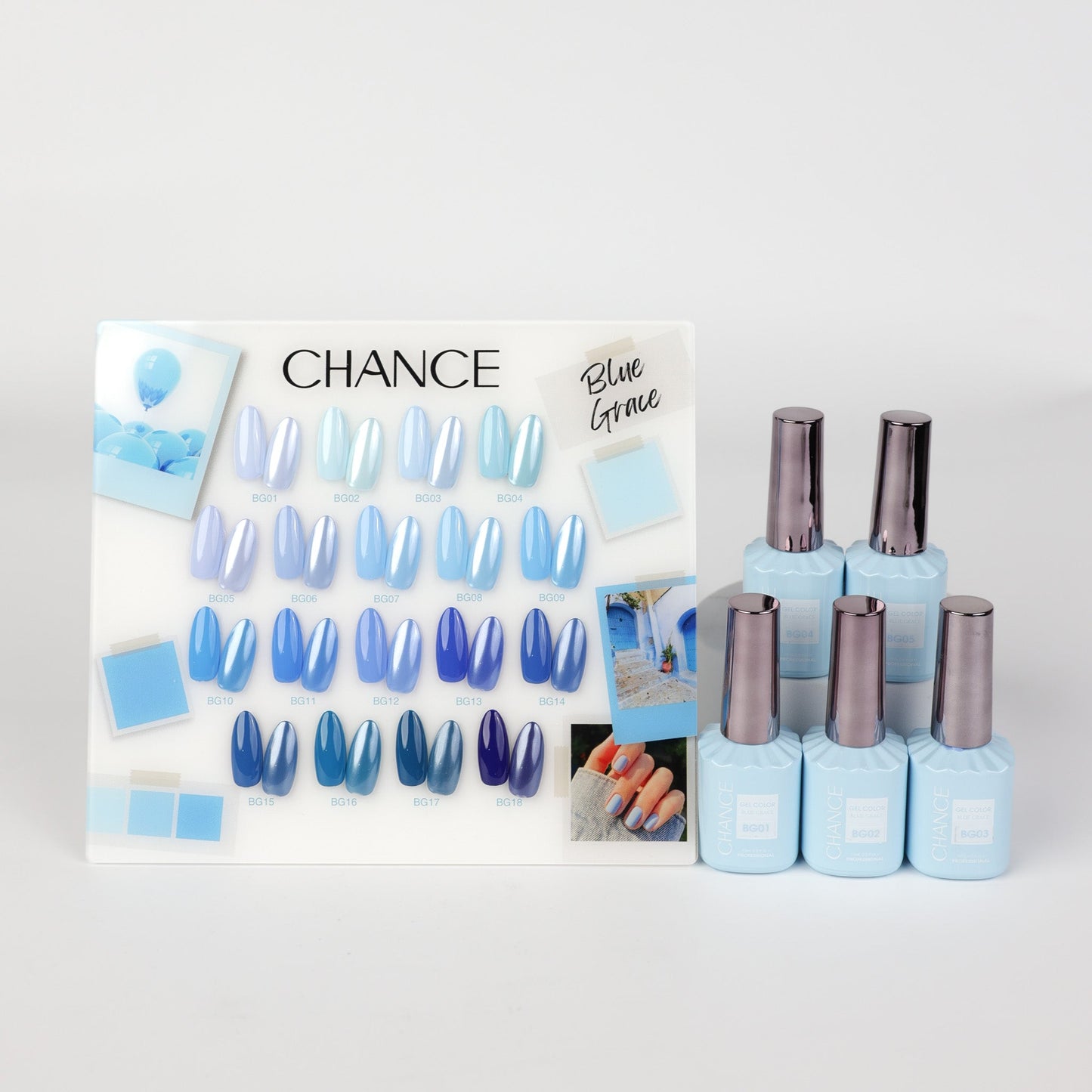 Chance Blue Grace Collection 0.5oz - 18 Colors w/ 1 Counter Display, 3 Chance No Wipe Top Coat 0.5oz & 1 Cre8tion Crystal Chrome Nail Art