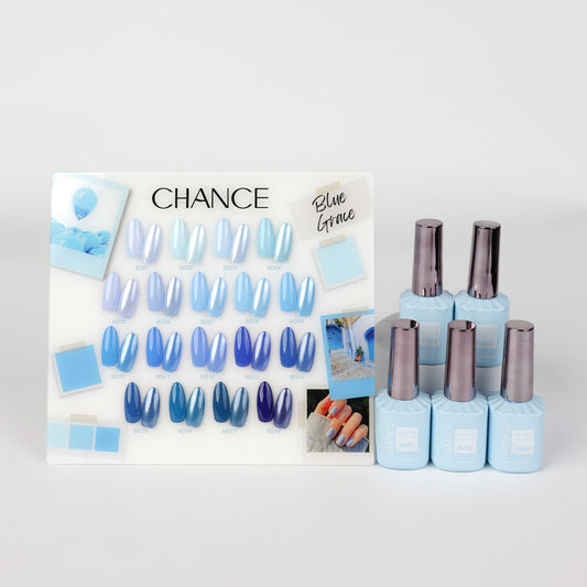 Chance Blue Grace Collection 0.5oz - 18 Colors w/ 1 Counter Display, 3 Chance No Wipe Top Coat 0.5oz & 1 Cre8tion Crystal Chrome Nail Art