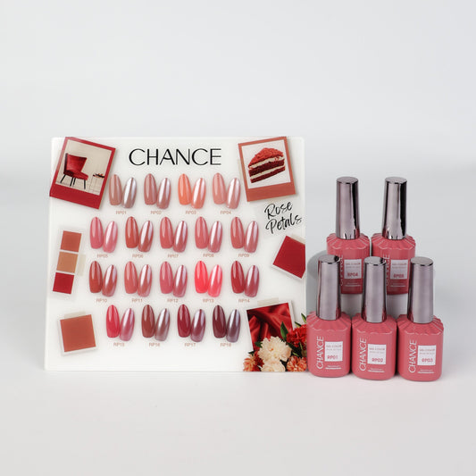 Chance Rose Petals Collection 0.5oz - 18 Colors w/ 1 Counter Display, 3 Chance No Wipe Top Coat 0.5oz & 1 Cre8tion Crystal Chrome Nail Art