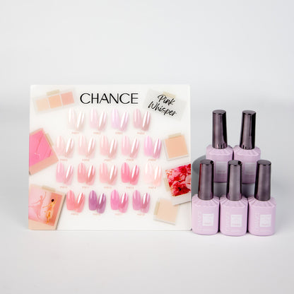 Chance Pink Whisper Collection 0.5oz - 18 Colors w/ 1 Counter Display, 3 Chance No Wipe Top Coat 0.5oz & 1 Cre8tion Crystal Chrome Nail Art