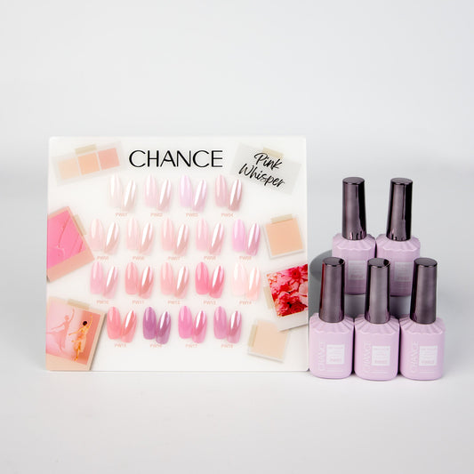 Chance Pink Whisper Collection 0.5oz - 18 Colors w/ 1 Counter Display, 3 Chance No Wipe Top Coat 0.5oz & 1 Cre8tion Crystal Chrome Nail Art