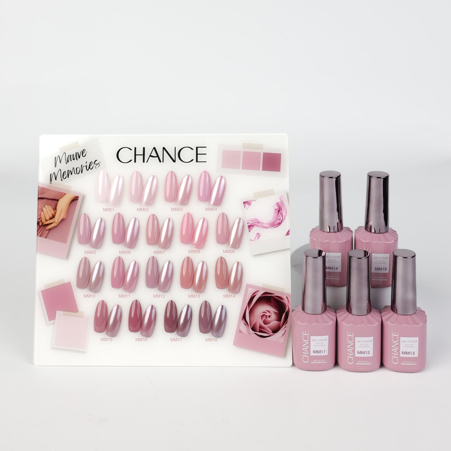Chance Mauve Memories Collection 0.5oz - 18 Colors w/ 1 Counter Display, 3 Chance No Wipe Top Coat 0.5oz & 1 Cre8tion Crystal Chrome Nail Art