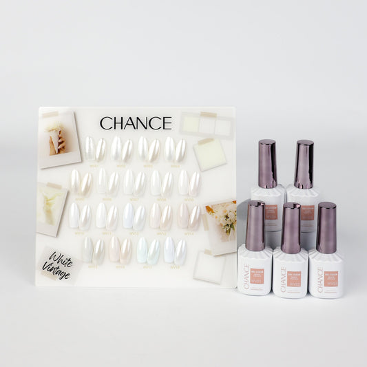 Chance White Vintage Collection 0.5oz - 18 Colors w/ 1 Counter Display, 3 Chance No Wipe Top Coat 0.5oz & 1 Cre8tion Crystal Chrome Nail Art