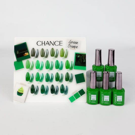 Chance Green Escape Collection 0.5oz - 18 Colors w/ 1 Counter Display, 3 Chance No Wipe Top Coat 0.5oz & 1 Cre8tion Crystal Chrome Nail Art