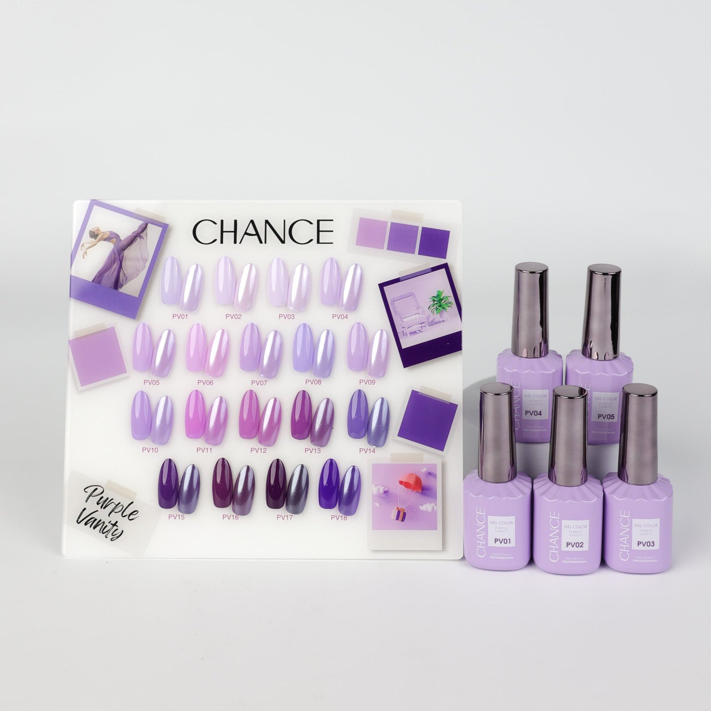Chance Purple Vanity Collection 0.5oz - 18 Colors w/ 1 Counter Display, 3 Chance No Wipe Top Coat 0.5oz & 1 Cre8tion Crystal Chrome Nail Art