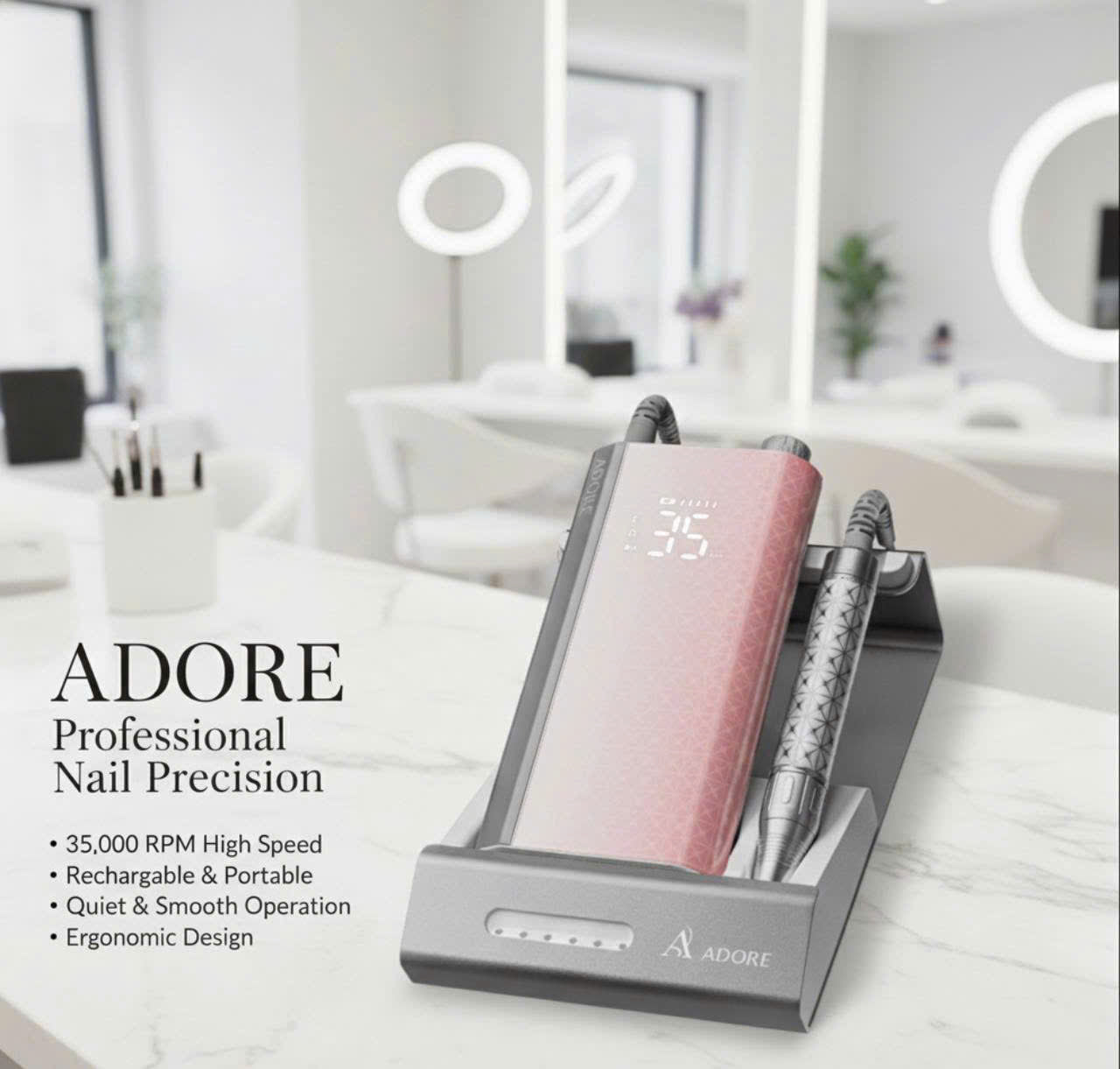 ADORE Professional Nail Drill | 35,000 RPM Brushless E-File for Salon & Home