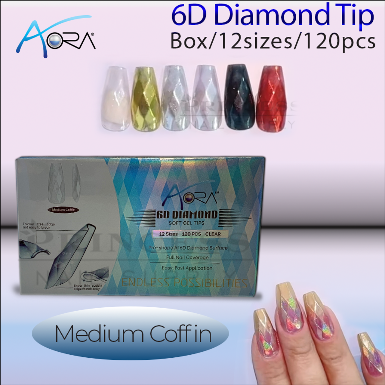 Aora 6D Diamond Tip box/12sizes/120pcs - Medium Cofin