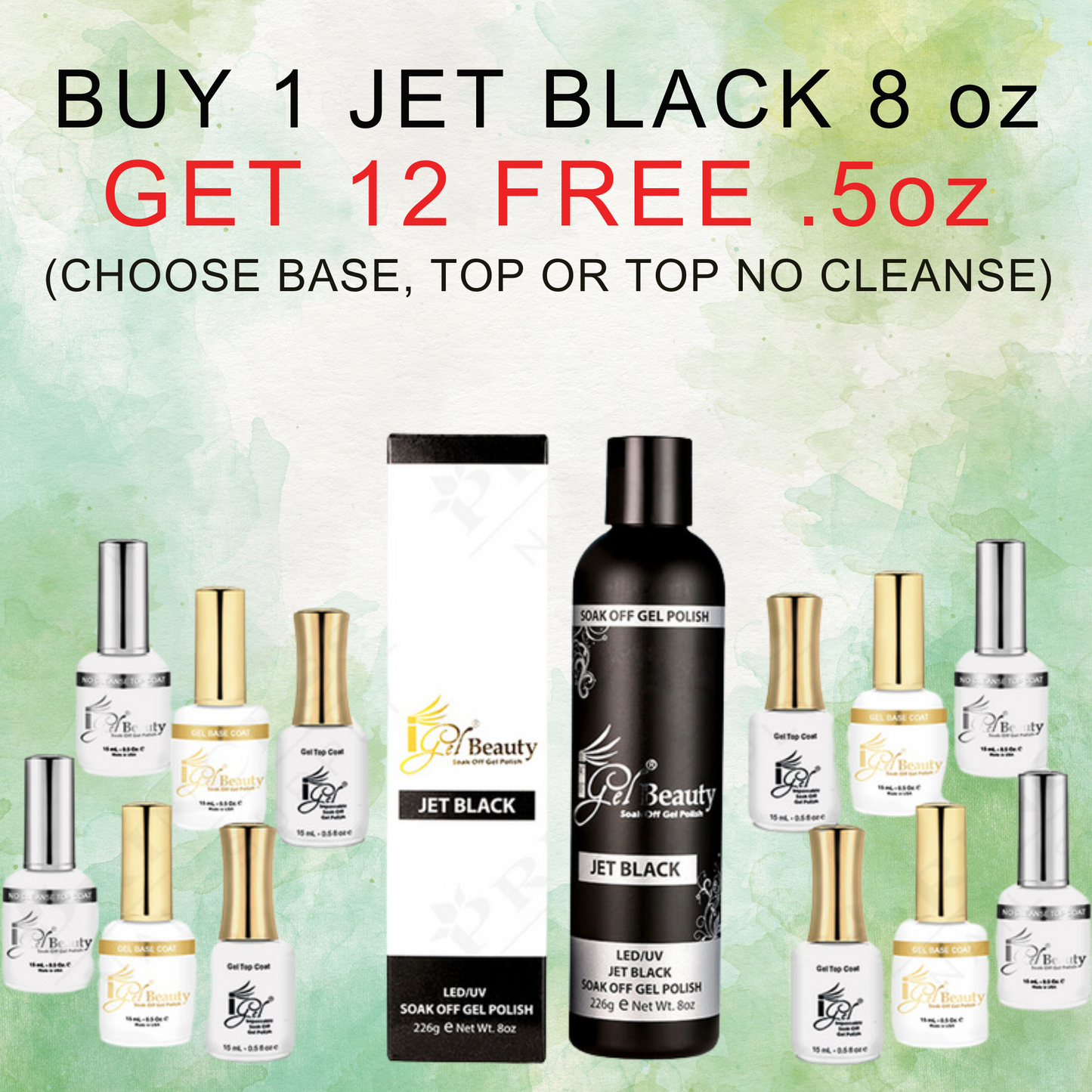 iGel Jet Black 8oz Free 12 bottle .5oz (options: base, top or top no-cleanse )