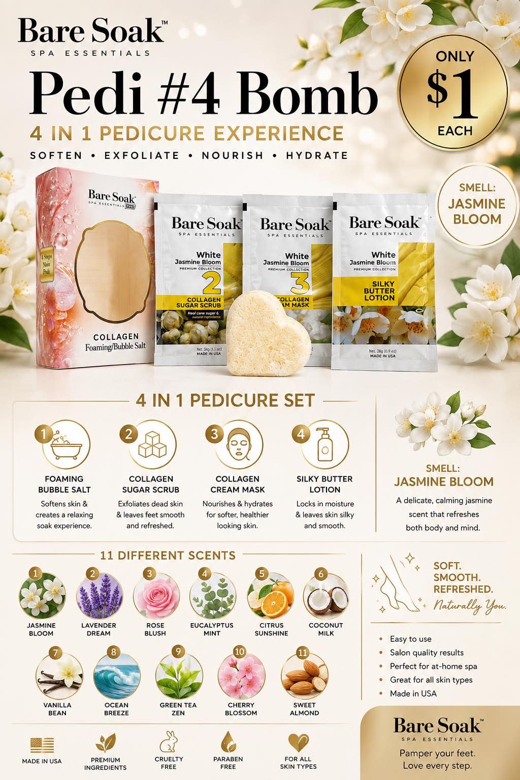 BareSoap - Pedi 4 Bomb - 4 step $1 ( box of 50) $50 - free ship till Sep 9