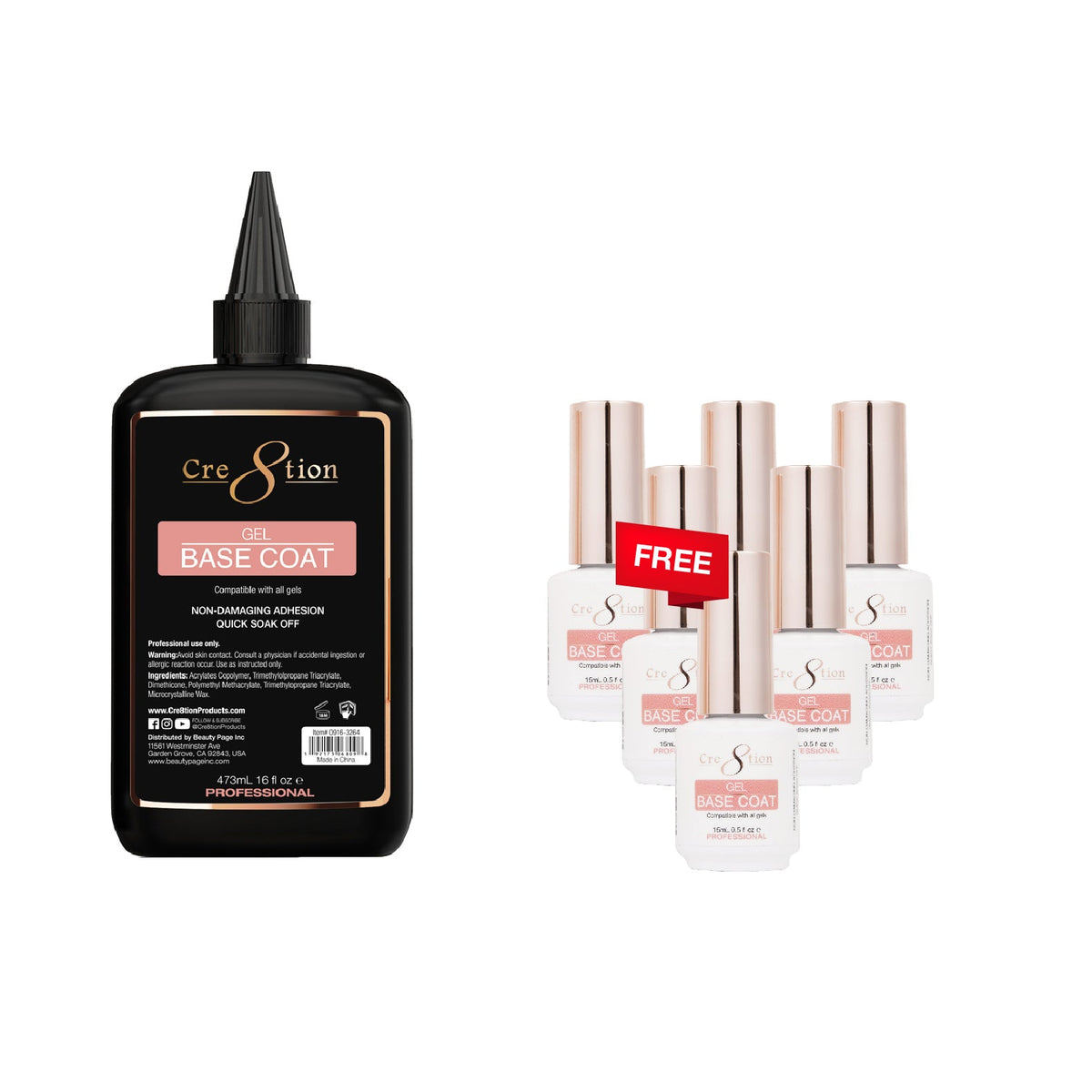 [Bonus Combo] Cre8tion Soak Off Gel Base Coat 16oz Refill - with 6 Free Size 0.5oz