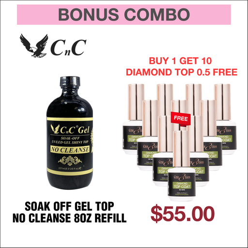 (Bonus Combo) CnC Soak Off Gel Top No Cleanse 8oz Refill - Buy 1 Get 10 Cre8tion Diamond Top 0.5oz Free