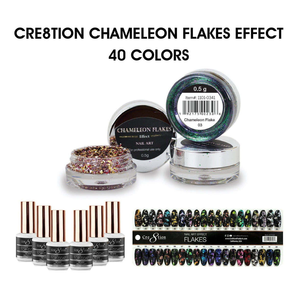 Cre8tion Chameleon Flakes Nail Art Effect 0.5g - Full set 40 colors w/ 6 Top Diamond 0.5oz & 1 Set Color Chart