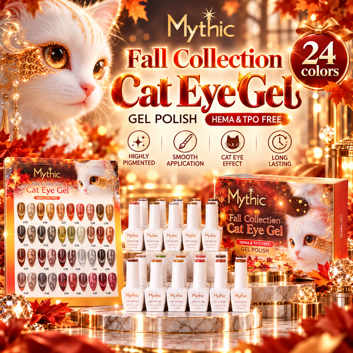 Mythic Gel Kit 9D Cat Eye Fall Collection - 24 colors x $10. Free 3 Magnet design + 1 Color Chart includes