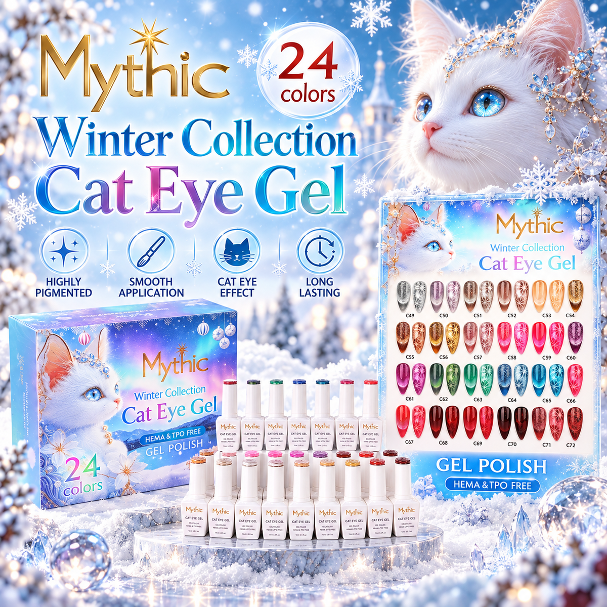 Mythic Gel Kit 9D Cat Eye Winter Collection - 24 colors x $10. Free 3 Magnet design + 1 Color Chart includes