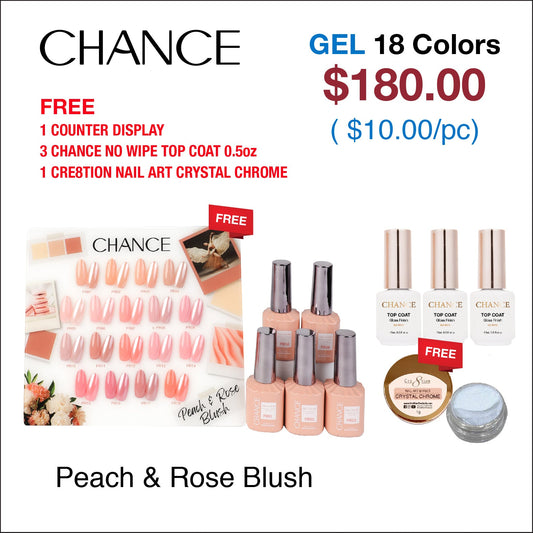 Chance Peach & Rose Blush Collection 0.5oz - 18 Colors w/ 1 Counter Display, 3 Chance No Wipe Top Coat 0.5oz & 1 Cre8tion Crystal Chrome Nail Art