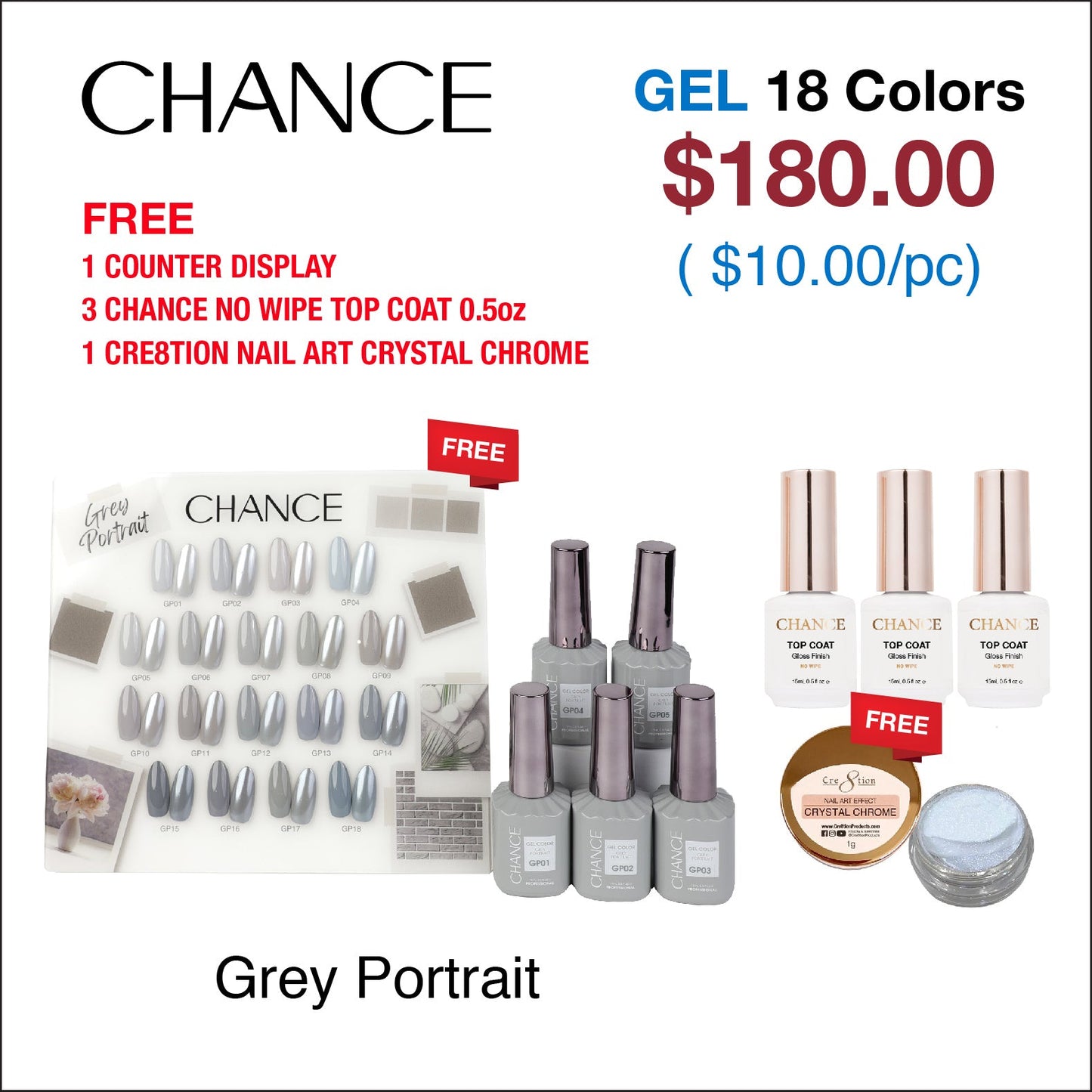 Chance Grey Portrait Collection 0.5oz - 18 Colors w/ 1 Counter Display, 3 Chance No Wipe Top Coat 0.5oz & 1 Cre8tion Crystal Chrome Nail Art