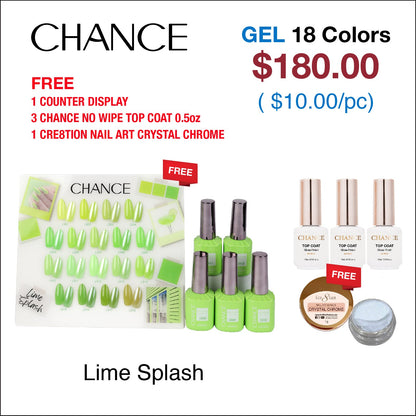 Chance Lime Splash Collection 0.5oz - 18 Colors w/ 1 Counter Display, 3 Chance No Wipe Top Coat 0.5oz & 1 Cre8tion Crystal Chrome Nail Art