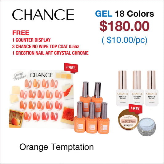 Chance Orange Temptation Collection 0.5oz - 18 Colors w/ 1 Counter Display, 3 Chance No Wipe Top Coat 0.5oz & 1 Cre8tion Crystal Chrome Nail Art