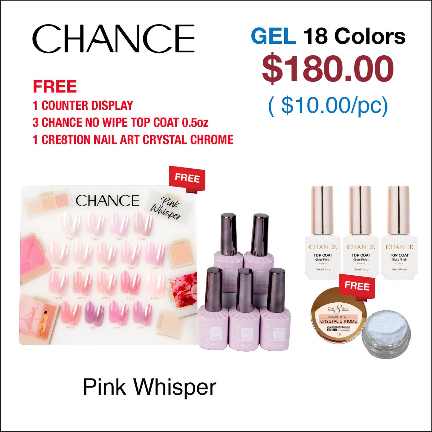 Chance Pink Whisper Collection 0.5oz - 18 Colors w/ 1 Counter Display, 3 Chance No Wipe Top Coat 0.5oz & 1 Cre8tion Crystal Chrome Nail Art