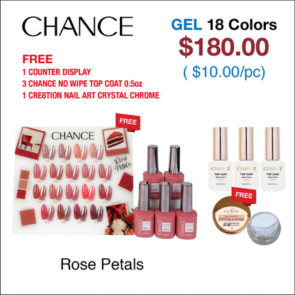 Chance Rose Petals Collection 0.5oz - 18 Colors w/ 1 Counter Display, 3 Chance No Wipe Top Coat 0.5oz & 1 Cre8tion Crystal Chrome Nail Art
