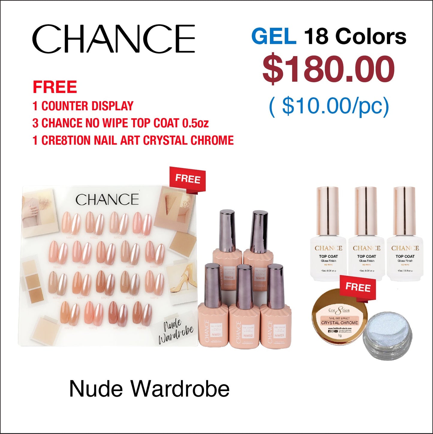 Chance Nude Wardrobe Collection 0.5oz - 18 Colors w/ 1 Counter Display, 3 Chance No Wipe Top Coat 0.5oz & 1 Cre8tion Crystal Chrome Nail Art